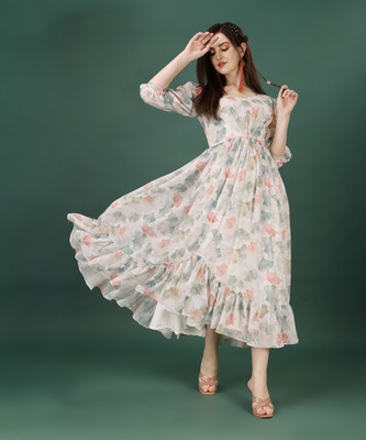 RoyalFul Women Fit and Flare White Midi/Calf Length Dress