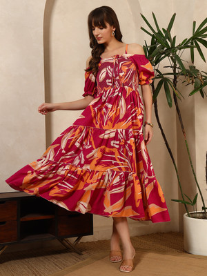 Deklook Women Fit and Flare Pink Midi/Calf Length Dress