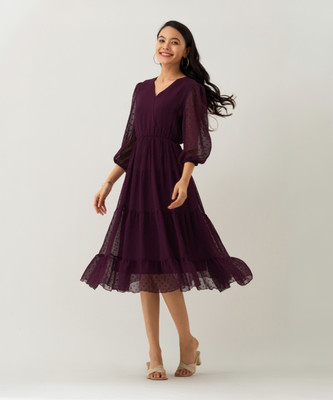 AASK Women Fit and Flare Maroon Midi/Calf Length Dress