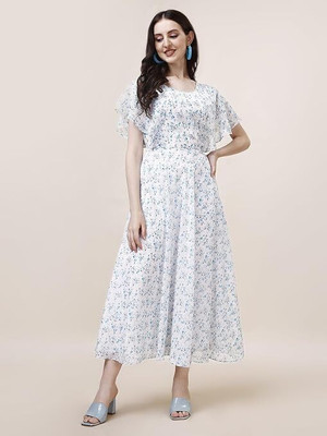 HK SHOPEE Women Fit and Flare White Midi/Calf Length Dress