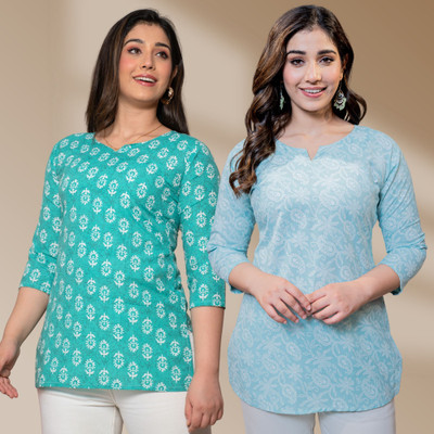 I N ENTERPRISES Casual Floral Print Women Green, Blue Top