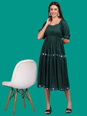JC4U Women Fit and Flare Green Midi/Calf Length Dress