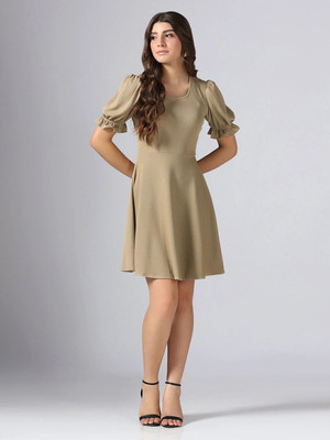 Dwarros Women A-line Beige Above Knee/Mid Thigh Length Dress