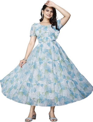 Parth Creation Women Fit and Flare Light Blue Maxi/Full Length Dress