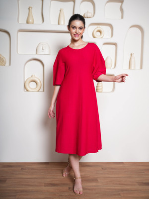 PURVAJA Women A-line Red Midi/Calf Length Dress