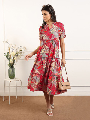 True Shape Women Fit and Flare Red Below Knee Dress