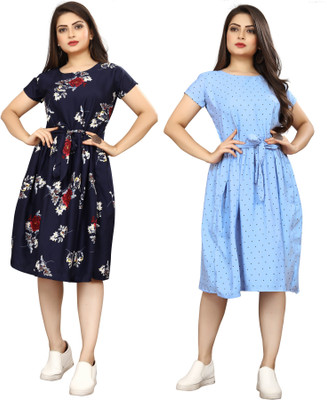 Nilkanth Fashion Women A-line Blue, Black Knee Length Dress