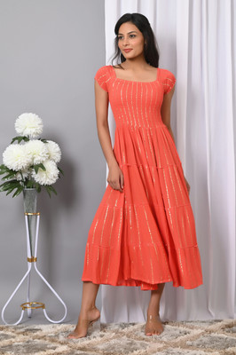VYMO Women Fit and Flare Orange Midi/Calf Length Dress
