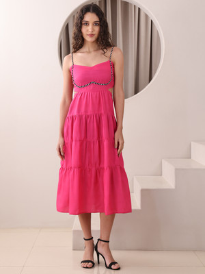 PURVAJA Women Fit and Flare Pink Midi/Calf Length Dress