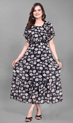 QUEUEE CREATION Women Fit and Flare Black Maxi/Full Length Dress