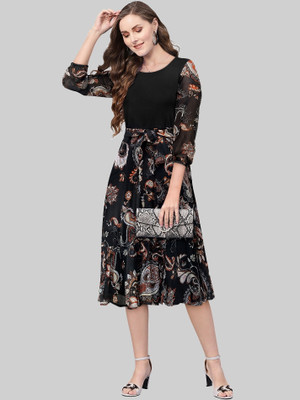 KERI PERRY Women Fit and Flare Black Midi/Calf Length Dress
