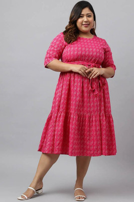 GULABI NAGRI Women A-line Pink, White Midi/Calf Length Dress