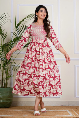 Twirl Tales Women A-line Pink, White Midi/Calf Length Dress