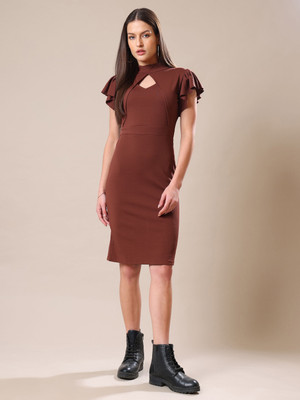 PURVAJA Women Bodycon Brown Knee Length Dress
