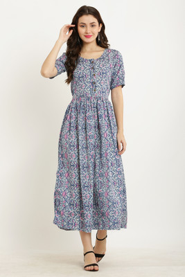R N R COLLECTIONS Women Fit and Flare Light Blue Midi/Calf Length Dress