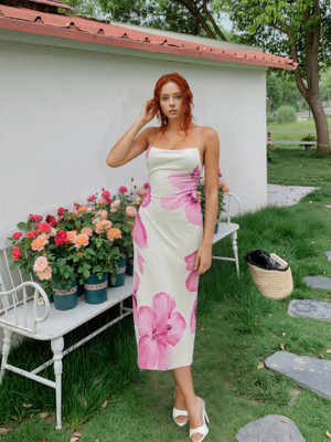 Moshe Women Bodycon Pink, White Midi/Calf Length Dress