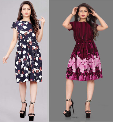 maruti fab Women Fit and Flare Blue Knee Length Dress