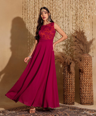 Miss Chase Women Fit and Flare Pink Maxi/Full Length Dress