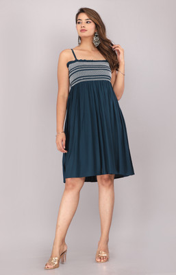 Kallolini Women Fit and Flare Dark Green, White Above Knee/Mid Thigh Length Dress