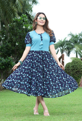 QUEUEE CREATION Women Fit and Flare Dark Blue, Light Blue Midi/Calf Length Dress