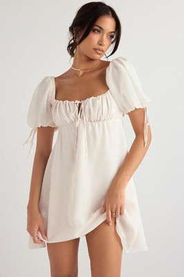 LONDON SNITCH Women Cinched Waist White Above Knee/Mid Thigh Length Dress
