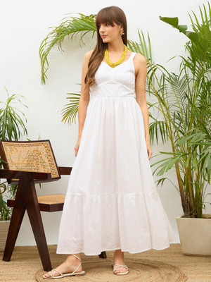 SASSAFRAS Women Fit and Flare White Maxi/Full Length Dress