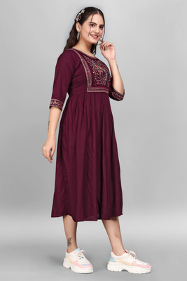 ShopGlobal Women Fit and Flare Maroon Below Knee Dress