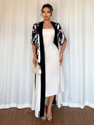 OUTZIDR Women Fit and Flare White, Black Ankle Length Dress