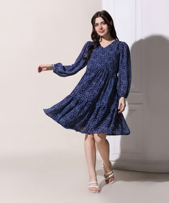 Mirrow Trade Women A-line Blue Midi/Calf Length Dress