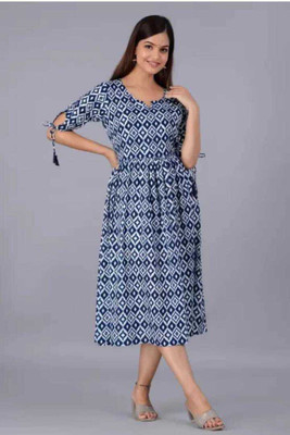 sacreative Women Printed Flared Kurta(Blue)