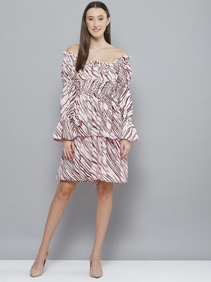 DENNISON Women Fit and Flare Pink, Brown Above Knee/Mid Thigh Length Dress