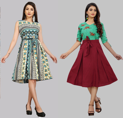tanvi creation Women Fit and Flare Multicolor Knee Length Dress