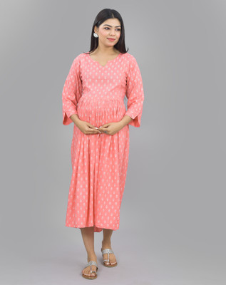 Negen Women Gathered Pink, White Midi/Calf Length Dress