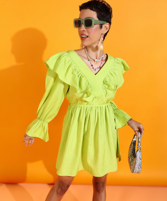 PRETTY LOVING THING Women Fit and Flare Light Green Mini/Short Dress