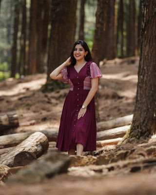 Sundraimpex Women Fit and Flare Maroon Midi/Calf Length Dress
