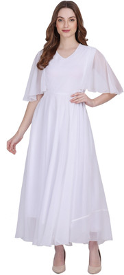 MUZUN Women A-line White Maxi/Full Length Dress