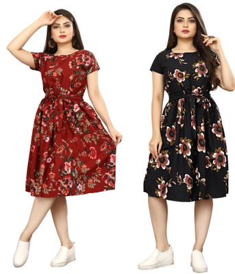 HouseOfCommon Women A-line Black, Blue Knee Length Dress