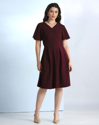 Selvia Women Fit and Flare Maroon Above Knee/Mid Thigh Length Dress
