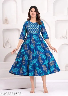 BOMBAY SPEED Women Fit and Flare Blue Midi/Calf Length Dress