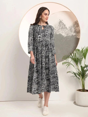 Taswak Women A-line Black, White Midi/Calf Length Dress