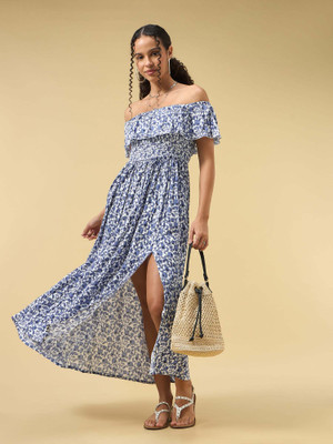 OUTZIDR Women A-line Blue Midi/Calf Length Dress