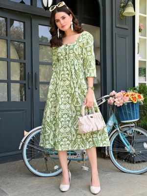 DEHITAFASHION Women Fit and Flare Green, White Midi/Calf Length Dress
