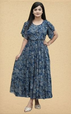 JYOTESTORE Women Fit and Flare Blue Maxi/Full Length Dress