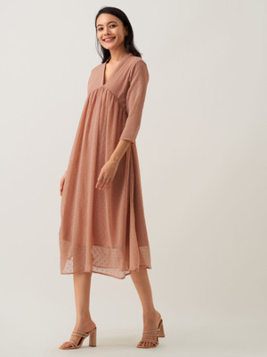 AASK Women Fit and Flare Beige Midi/Calf Length Dress
