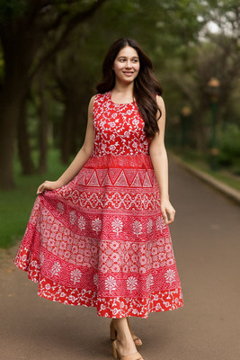 HouseOfCommon Women Fit and Flare Red Midi/Calf Length Dress
