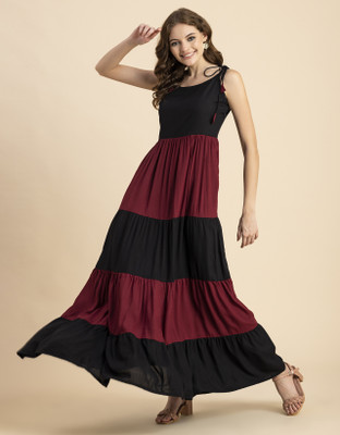 moomaya Women Tiered Maroon, Black Maxi/Full Length Dress