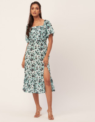 moomaya Women Fit and Flare Light Blue, White, Black Midi/Calf Length Dress