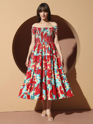 ZWERLON Women Fit and Flare Multicolor Midi/Calf Length Dress