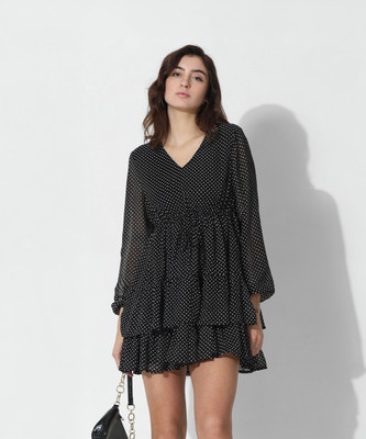 ONLY Women Tiered Black, White Above Knee/Mid Thigh Length Dress