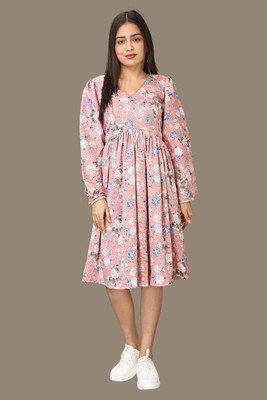 KASTURI Women Fit and Flare Pink Below Knee Dress